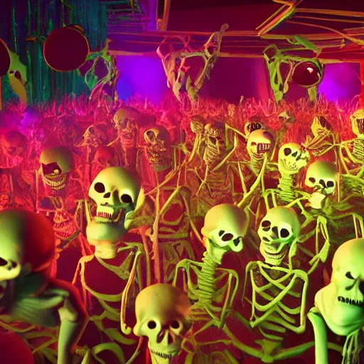 Image similar to photo, a giant crowd of realistic claymation skeletons sensually inside a colorful futuristic night club, edge lighting