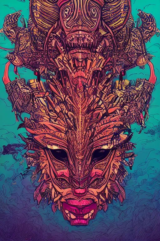 Image similar to totem animal tribal chaman vodoo mask feather gemstone plant video game illustration vivid color borderlands and by feng zhu and loish and laurie greasley, victo ngai, andreas rocha, john harris radiating a glowing aura