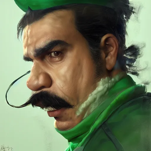 Image similar to hyper realistic, realistic - anime, 4 k, 8 k, pixiv, artstation, portrait, beautifully rendered, luis guzman as luigi wearing green, smirking deviously, nintendo's luigi, luigi's nose, painted by greg rutkowski, wlop, artgerm, dishonored 2,