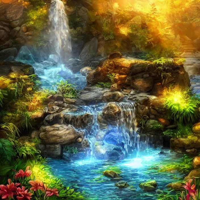 Image similar to Waterfall with treasure hidden behind the water stream, fantasy art style, glowing chest