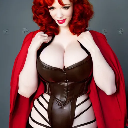 Prompt: pinup art of a gorgeous christina hendricks, realistic, professionally, professionally color graded, full body shot, leather body suit, sharp focus, 8 k high definition, insanely detailed, intricate, elegant