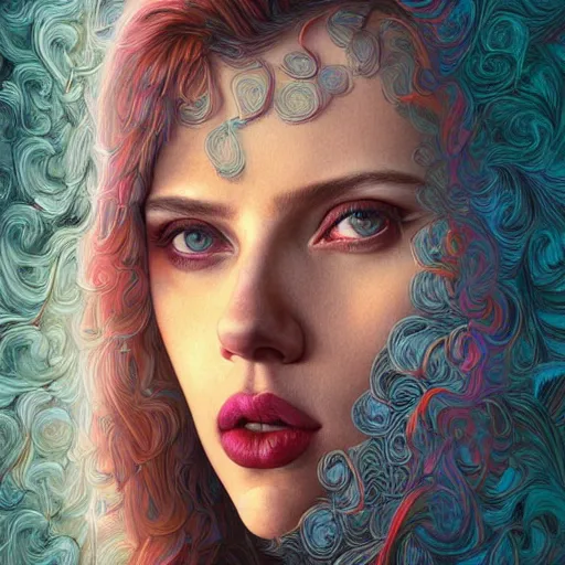 Image similar to portrait of scarlett johansson, hyper detailed masterpiece, neon floral pattern, jean giraud, digital art painting, darkwave goth aesthetic, psychedelic, artgerm, donato giancola and tom bagshaw