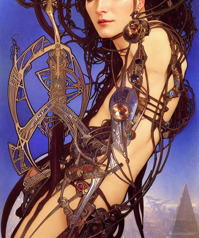 Prompt: realistic detailed face portrait of a beautiful futuristic egyptian warrior godess bast in alien cyberpunk armor by alphonse mucha, ayami kojima, amano, greg hildebrandt, and mark brooks, female, feminine, art nouveau, cyberpunk, stargate, neo - gothic, gothic, character concept design