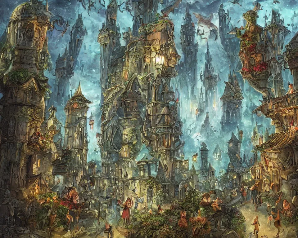Image similar to medieval fae city, magical, faerie, fanciful