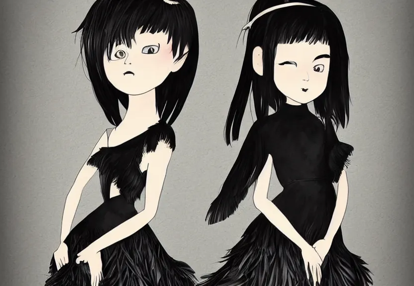 Image similar to little girl with a short black haircut wearing a dress made of black feathers, artwork in genshi impact art style, anatomically perfect