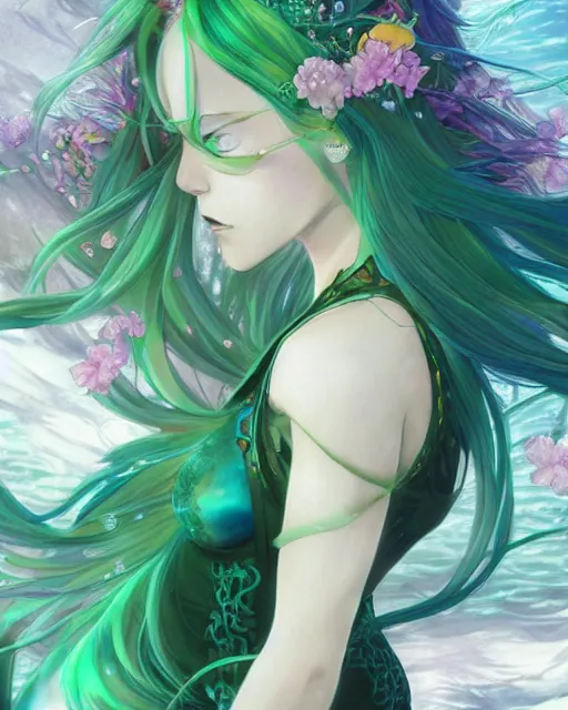 Image similar to beautiful green hair mermaid, anime style, epic underwater scenery wallpaper aesthetic, pastel colors, cinematic, dramatic, super detailed and intricate, hyper realistic, 4 k render, by artgerm, by kyoung hwan kim, by ralph mcquarrie, by yoshiyuki tomino
