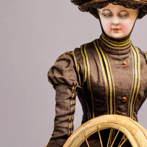 Image similar to close up portrait of a life size victorian female automaton standing in with a bicycle, 8 k, soft lighting, highly detailed realistic, face in focus 1 8 9 0's liminal