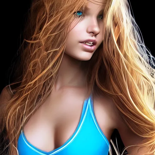 Image similar to a very beautiful young tennis player model, full body, long wavy blond hair, sky blue eyes, full round face, short smile, bikini, miniskirt, highly detailed, cinematic wallpaper by stanley artgerm lau