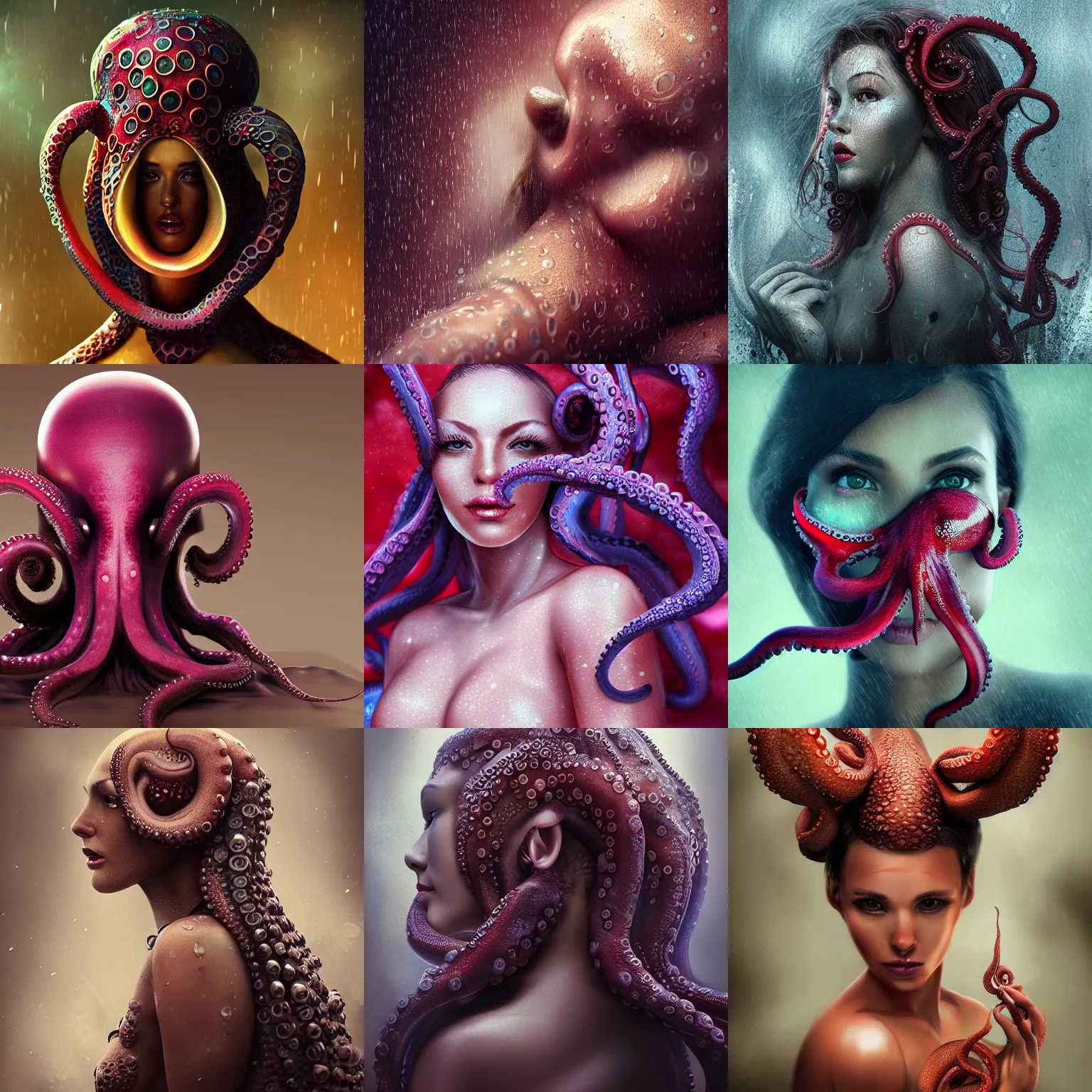 Prompt: beautiful octopus woman, rain, portrait, highly detailed, octane render, 8 k, patrice murciano,
