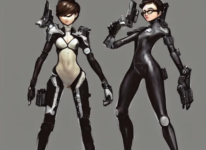 Image similar to a highly detailed beautiful portrait of tracer from overwatch as 2 b nier automata wearing a skintight suit!!, concept art!!, by gregory manchess, james gurney, james jean