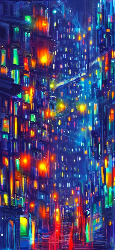 Image similar to “ city at night, covered in paint, digital art ”