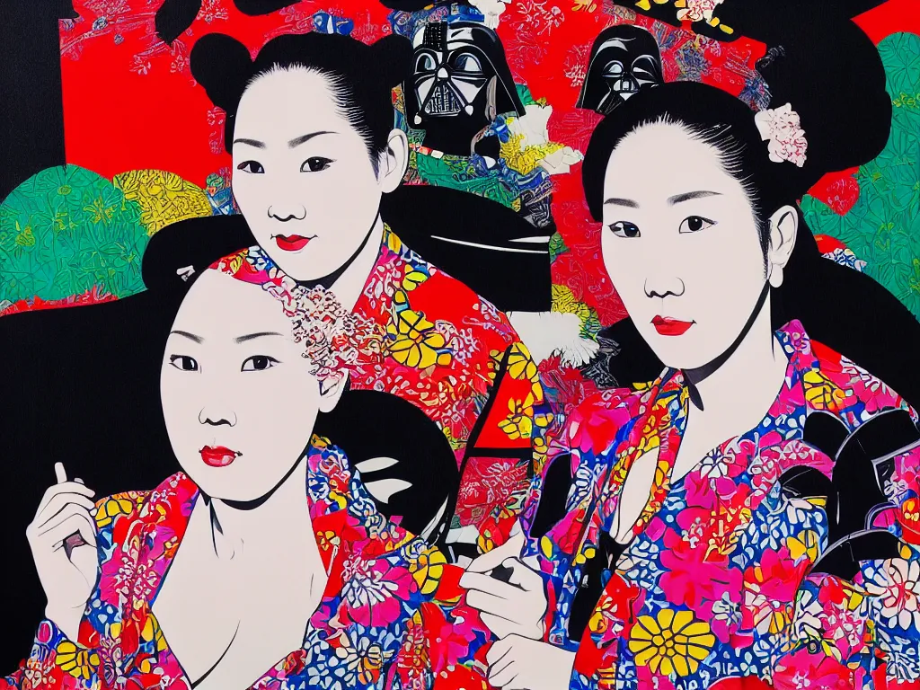 Image similar to hyperrealism composition of the detailed woman in a japanese kimono sitting at an extremely detailed poker table with darth vader, fireworks on the background, pop - art style, jacky tsai style, andy warhol style, acrylic on canvas