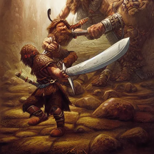 Prompt: viking fighting against a giant by justin gerard, deviantart