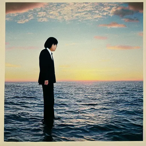 Prompt: japanese man with long hair in a suit standing in the ocean looking at the camera, wide shot, far!!!!!!! away, zoomed out, distance!!!!!!! shot, sunset, centered!!!!!!!!!!, album cover, tatsuro yamashita, 1980, ride on time