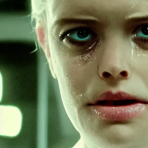 Image similar to movie still of a crying cyborg, cinematic composition, cinematic light, surreal cinema, by edgar wright and david lynch,