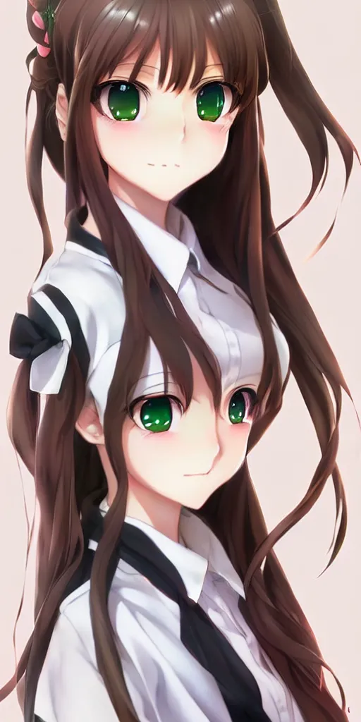 Image similar to beautiful anime high school girl, complete body view, brown hair, ponytail, white ribbon, green eyes, full perfect face, slightly smiling, detailed background, drawn by Artgerm, Sasoura, Satchely, no distorsion