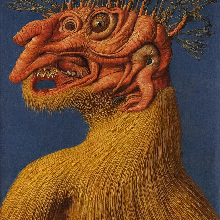 Image similar to close up portrait of a mutant monster creature with very long eyelashes that go up, covering the entire forehead. colorful painting by jan van eyck, walton ford