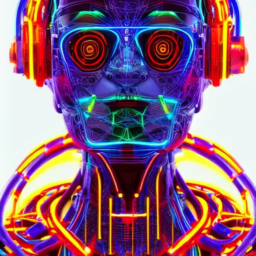 Prompt: hyperdetailed masterpiece portrait of a cyberpunk robot, cyborg covered in colorful glowing holy geometry and chakras, cables and tubes from the ears, symmetrical, 8 k, halluzinogenic