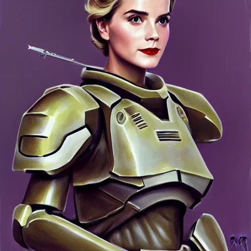 Image similar to A combination of Grace Kelly's and Emma Watson's and Ashley Greene's appearances with blonde hair wearing Master Chief's armor, full body portrait, D&D, fantasy, intricate, elegant, highly detailed, digital painting, artstation, concept art, matte, sharp focus, illustration, art by Donato Giancola and James Gurney