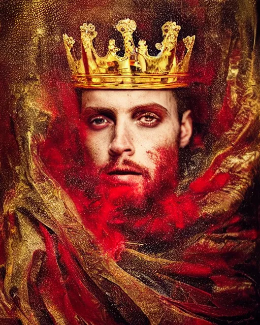 Image similar to 'Portrait of Crowned King Arthur' by Lee Jeffries royally decorated, whirling plasma, atmospheric motes, red and gold Sumptuous garb, gilt silk fabric, radiant colors, fantasy, perfect lighting, studio lit, micro details,