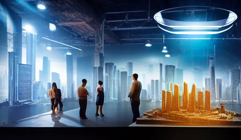 Image similar to group of people in walled warehouse, looking at hologram of futuristic city on a table, cinematic concept, godrays, golden hour, natural sunlight, 4 k, clear details, tabletop model buildings, center model buildings, hologram center, crane shot, crane shot, crane shot