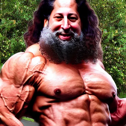 Prompt: richard stallman as a bodybuilder with ripped abs, photo realistic, 4k, greek statue body, god, detail