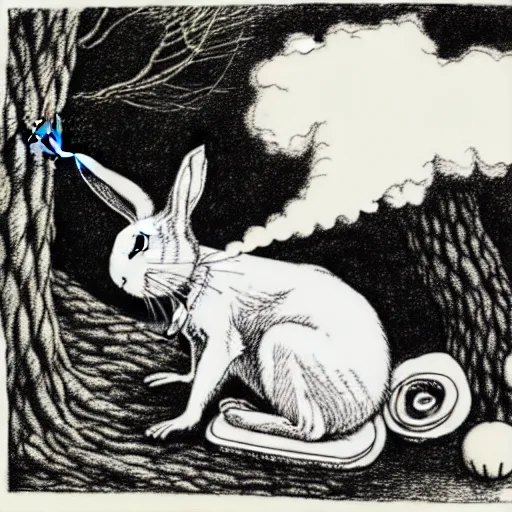 Image similar to a pen and ink drawing of a white rabbit smoking a cigarette while reclining in a deep dark tangled forest, a lingering smoke cloud, childrens book illustration, by edward gorey, by gustav dore