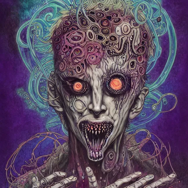 Image similar to symmetrical, complex, copic markers, spiritual horror lsd art in muted colors, disturbing grunge still of a lovecraftian demon infested guy flirting with you, by arthur adams, by tom bagshaw, by henry asencio, by kikuchi hideyuki