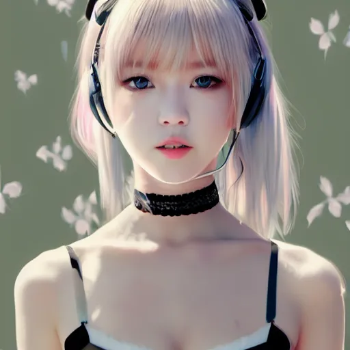 Prompt: realistic detailed semirealism beautiful gorgeous cute Blackpink Lalisa Manoban wearing white camisole maid outfit maid costume, white hair white cat ears blue eyes, headphones, black leather choker full HD 4K high resolution quality WLOP, Aztodio, Taejune Kim, Guweiz, Pixiv, Instagram, Artstation