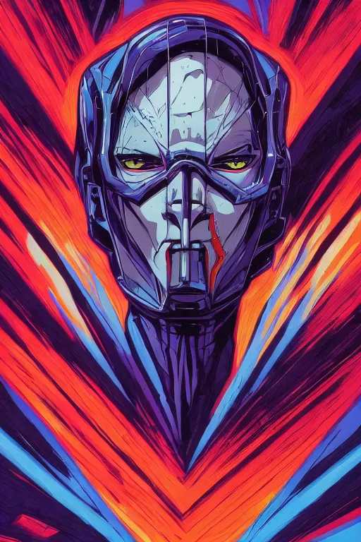 Image similar to a close - up of a evangelion head, drawn by robbie trevino and dan mumford, poster, forty - five degree perspective composition, digital art, comic art, concept art