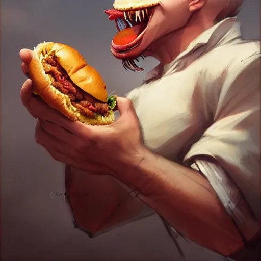 Image similar to commission of a male anthropomorphic albino lion eating an oversized hamburger,digital art,art by greg rutkowski,trevor henderson,ross tran,photorealistic,hyperdetailes,highly realistic,natural lighting,deviantart,artstation,dramatic,cinematic,4k,western comic style