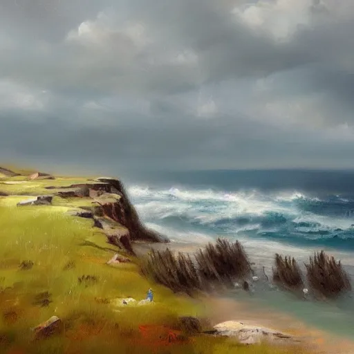 Prompt: a ranch by a ocean cliff, gray skies, aesthetic, oil painting, pale colors, high detail, 8 k, wide angle, trending on artstation,