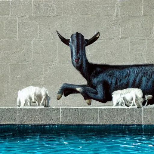 Image similar to wide angle of a nightmare goat in a swimming pool, highly detail, ultra realistic, art by hr giger, 4 k