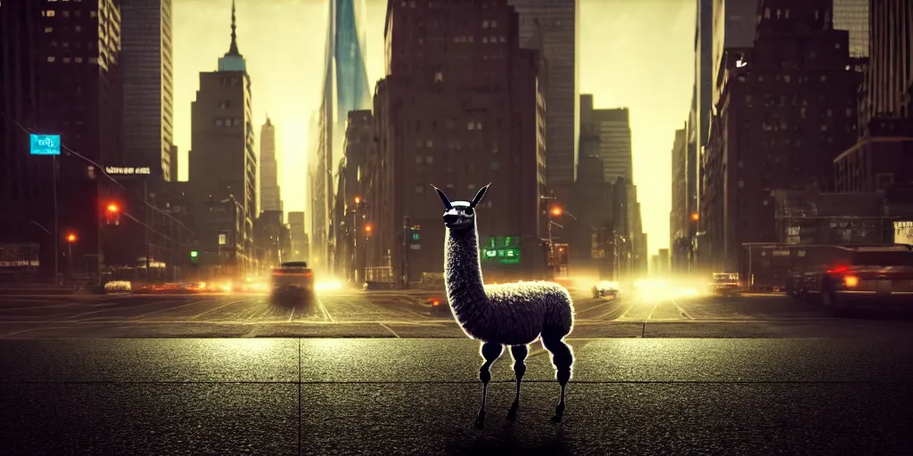 Image similar to a llama walking through a desolate manhattan city street at night, statue of liberty seen in the background, realistic 4 k octane beautifully detailed render, 4 k post - processing, highly detailed, detailed face, intricate complexity, epic composition, magical atmosphere, cinematic lighting, masterpiece, color picture, ultra hd