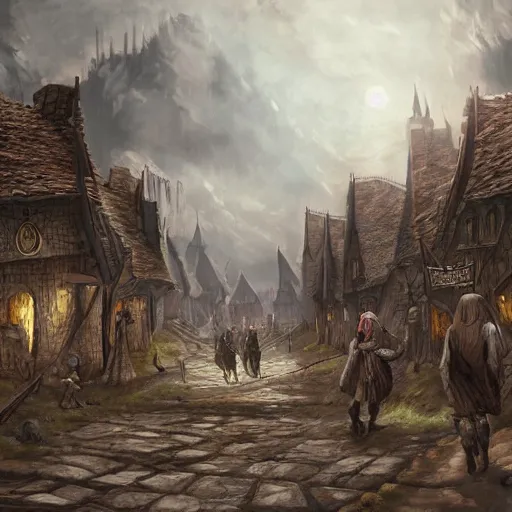 Image similar to villagers going about their day, medieval fantasy inspired, concept art, wide shot, cloudy, detailed, intricate, dynamic lighting, high resolution, village, shops, streets