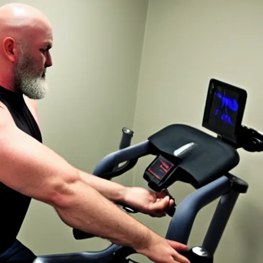 Image similar to chonky bald, grey trimmed bearded ethan van sciver working out vigorously on his peloton exercise bike