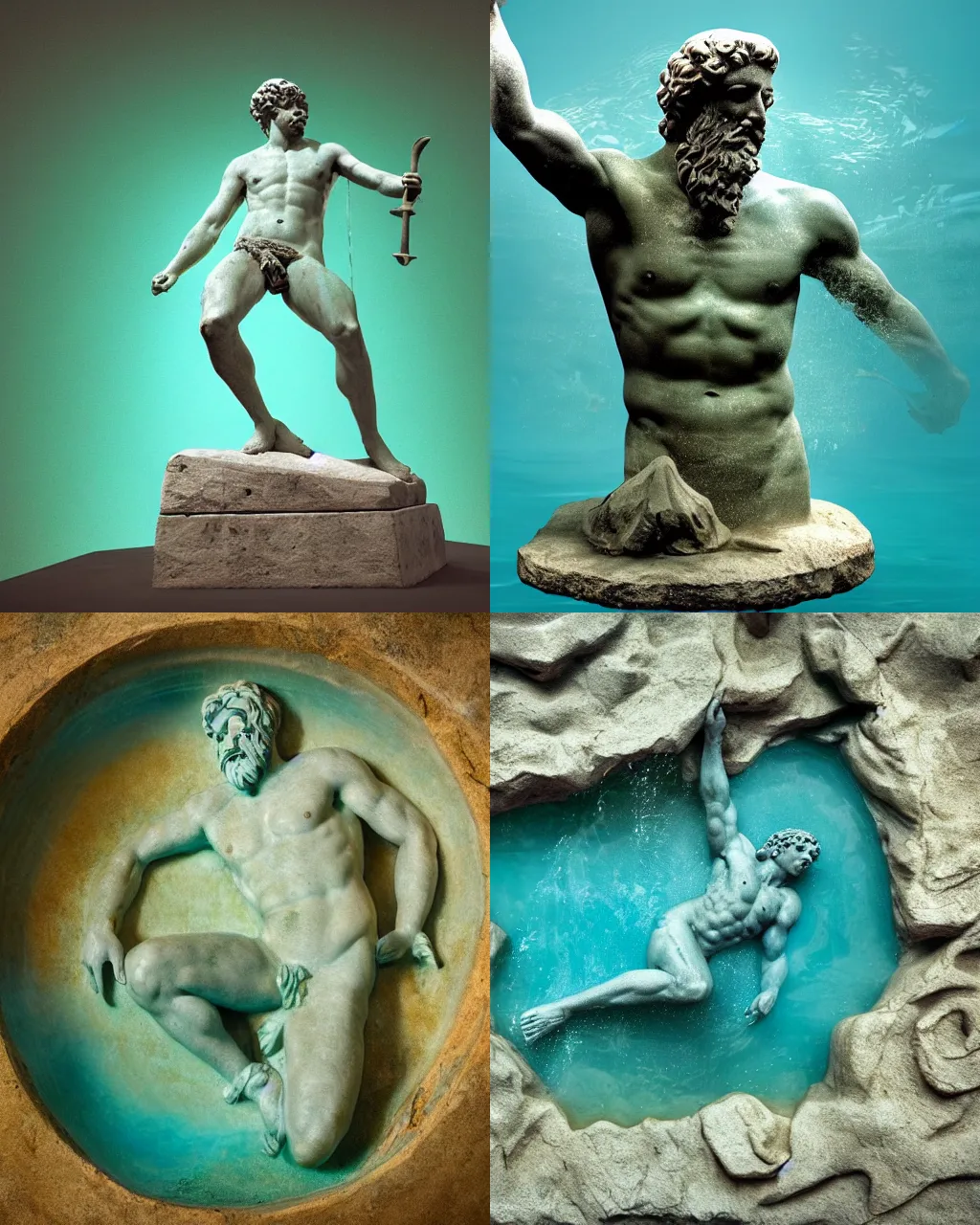 Prompt: ancient greek sculpture of the god poseidon submerged in the ocean, school of fish, photorealistic, blue and green water, volumetric lighting from above