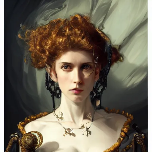 Image similar to A masterpiece portrait of a Incredibly beautiful futuristic high fashion queer model girl with a large luxurious Victorian necklace made of barbred wire. Rococo dress from wax. trending on artstation, digital art, by Stanley Artgerm Lau, WLOP, Rossdraws, James Jean, Andrei Riabovitchev, Marc Simonetti, Yoshitaka Amano