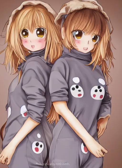 Image similar to highly detailed art of one blonde and one brown haired anime girl in onesies pressed against each other looking at us, detailed eyes, happy, excited, digital art, cute, anime, detailed faces, well drawn faces, cute faces, 8 k, trending on artstation, official media