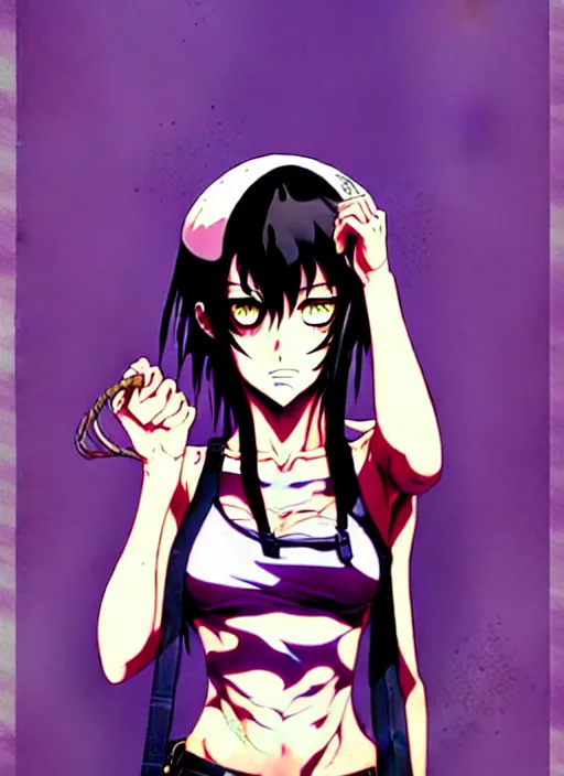 Prompt: style of madhouse studio anime, rei hiroe black lagoon manga, loish, artgerm, joshua middleton comic art, portrait of revy from black lagoon, symmetrical eyes and symmetrical face, jean shorts, white tank top, purple hair, sarcastic evil smirk on face, sky and ocean background