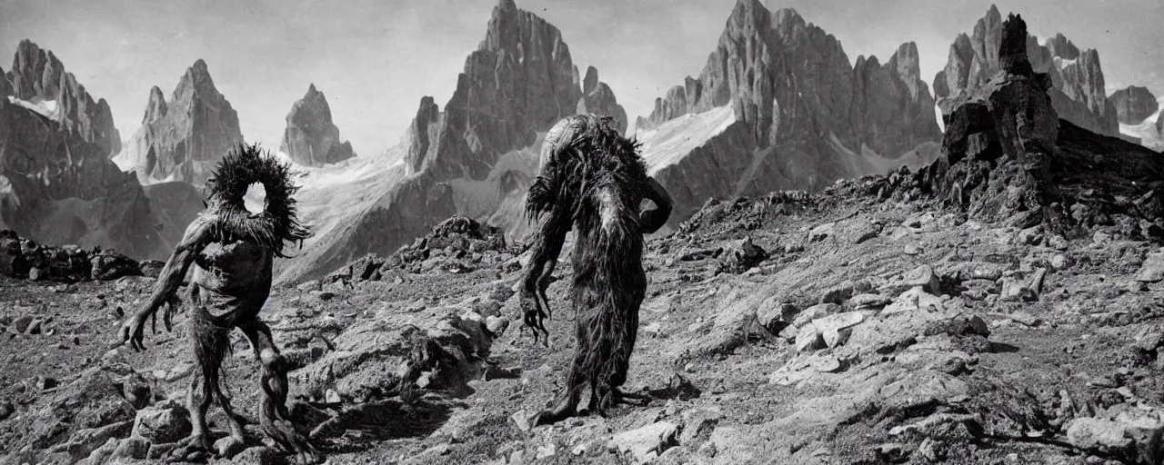 Prompt: historical photograph of an old alpine farmer from behind turning into a grotesque monster with goathorns and roots growing from his face, standing in the dolomites, full body, whole body, edelweiss growing from head