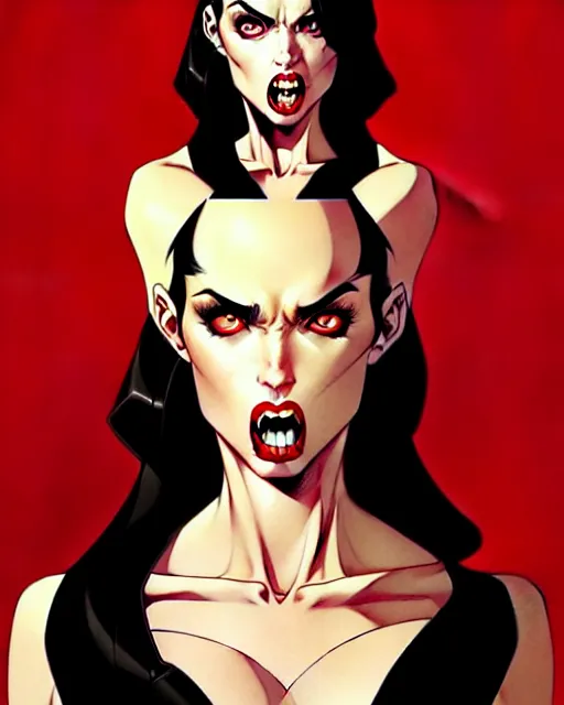 Image similar to artgerm, joshua middleton comic cover art, full body pretty megan fox vampire sharp teeth, red dress, symmetrical eyes, symmetrical face, long curly black hair, dark castle background background, cinematic lighting