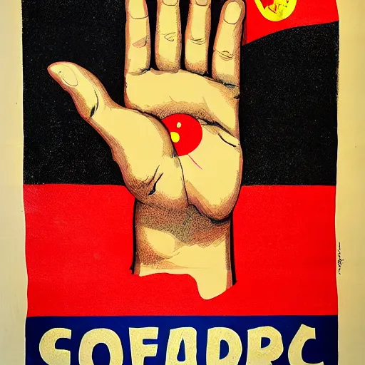 Image similar to a poster with a giant hand holding a spanish flag by jose malhoa, reddit, excessivism, american propaganda, soviet propaganda, poster art