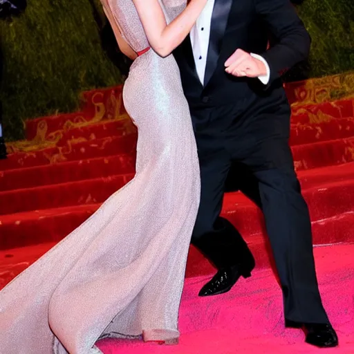 Image similar to a very handsome man in a suit dancing with a blonde woman in a red dress a the Met Gala