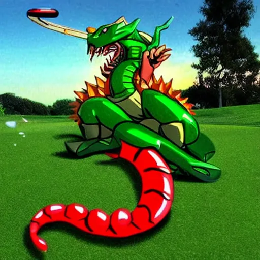 Prompt: shenlong from dragonball z playing golf,