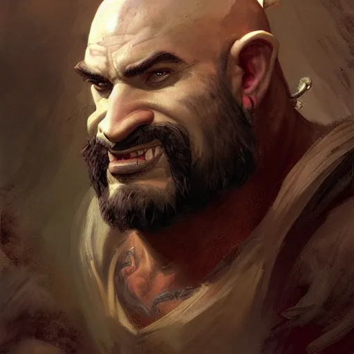 Prompt: well - groomed orc bard, goatee, bald, thoughtful expression, fantasy character portrait by greg rutkowski, gaston bussiere, craig mullins