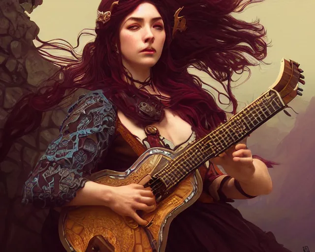Image similar to photography of a bard with an axe guitar 8 k, deep focus, d & d, fantasy, intricate, elegant, highly detailed, digital painting, artstation, concept art, matte, sharp focus, illustration, hearthstone, art by artgerm and greg rutkowski and alphonse mucha