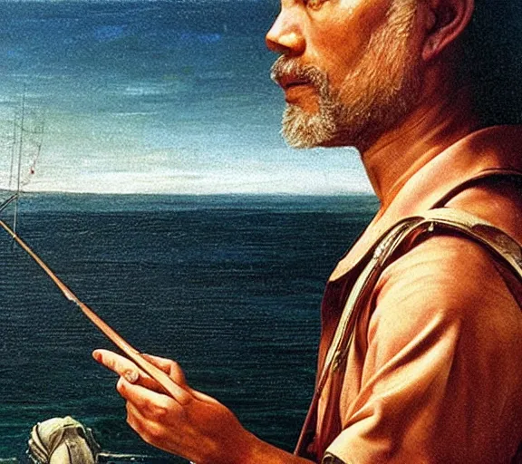 Image similar to Tom hanks as forrest gump fishing for shrimp in a giant shrimp boat, realistic face, renaissance painting, amazing detail