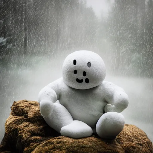 Prompt: Realistic Cute Little Marshmallow Man Crying in the Raining Forest Sitting on a Rock, Sad, cloudy, rainy, movie shot, studio shot, studio lighting, 8k