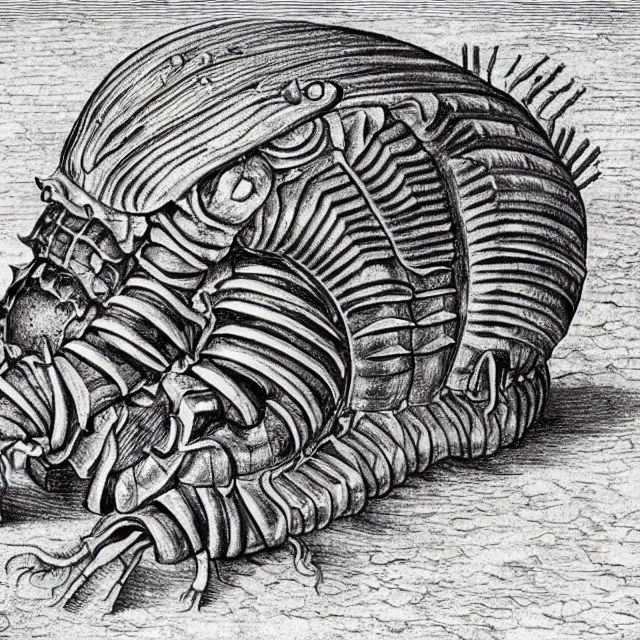 Prompt: a detailed, intricate drawing of a giant isopod on a beach, by albrecht durer